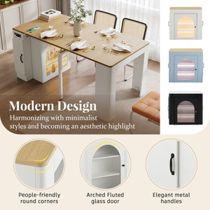 English Elm TREXM Extendable Dining Table with LED Light Strip, Built-In USB/Type-C Outlet, Rolling Space-Saver Cabinet Cream White,Natural XW000024AAK