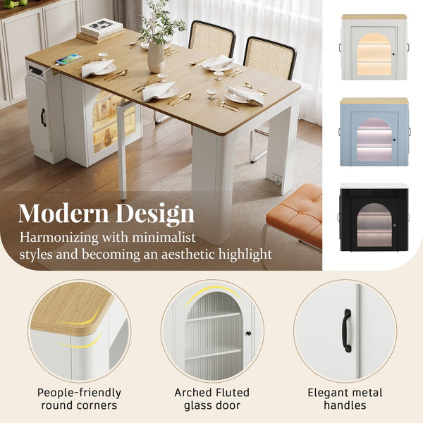 English Elm TREXM Extendable Dining Table with LED Light Strip, Built-In USB/Type-C Outlet, Rolling Space-Saver Cabinet Cream White,Natural XW000024AAK