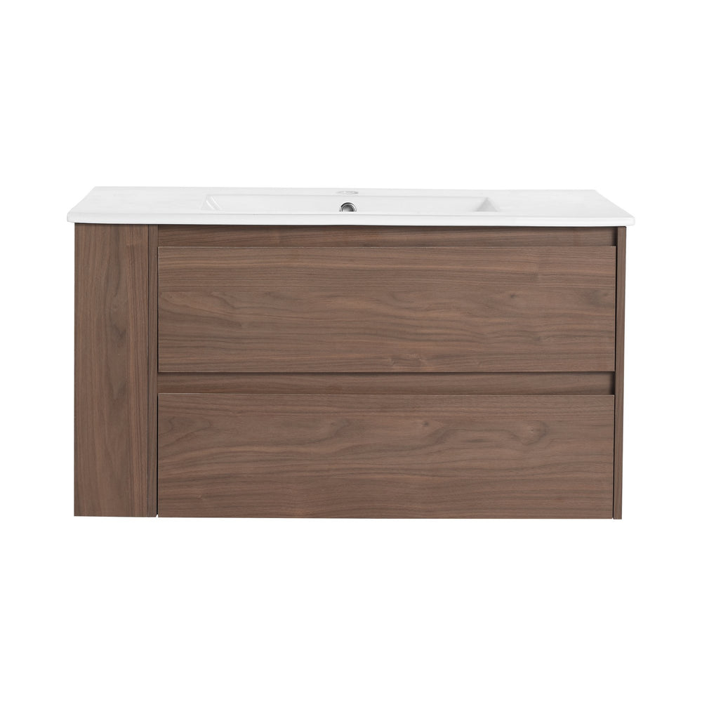 English Elm 36" Wall Mount Bathroom Vanity With High-Quality Ceramic Sink & Soft-Close Drawers For Storage W999S00143