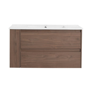 English Elm 36" Wall Mount Bathroom Vanity With High-Quality Ceramic Sink & Soft-Close Drawers For Storage W999S00143