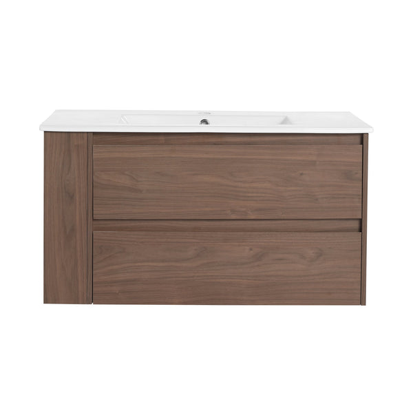 English Elm 36" Wall Mount Bathroom Vanity With High-Quality Ceramic Sink & Soft-Close Drawers For Storage W999S00143