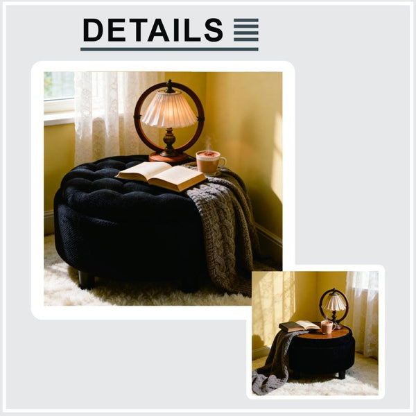 English Elm 25 Inch Round Fabric Pouf Ottoman with Removable Wooden Lid and Hidden Interior Storage Black W5568P461346