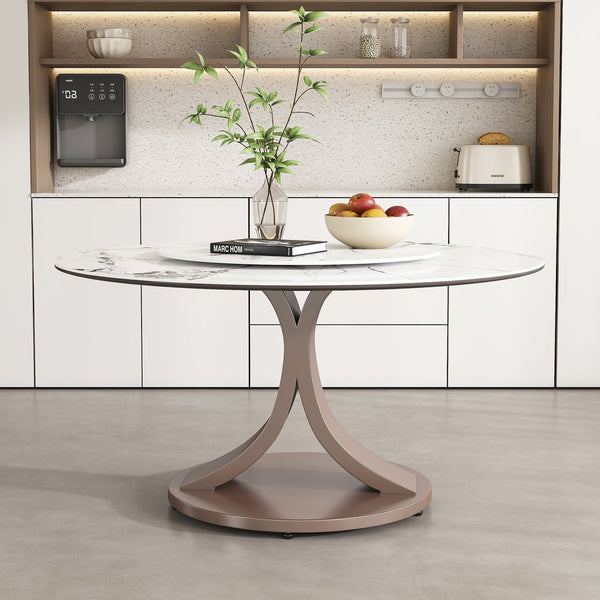 English Elm 53" Round Dining Table - Stylish 360° Lazy Susan, Scratch & Heat Resistant Sintered Stone Top, Durable Base W2699S00057