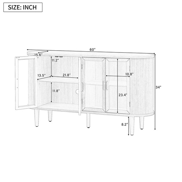 English Elm TREXM Modern Farmhouse Sideboard Cabinet with Fluted Panels, Tempered Glass Doors & Adjustable Shelves Black N715P264923B