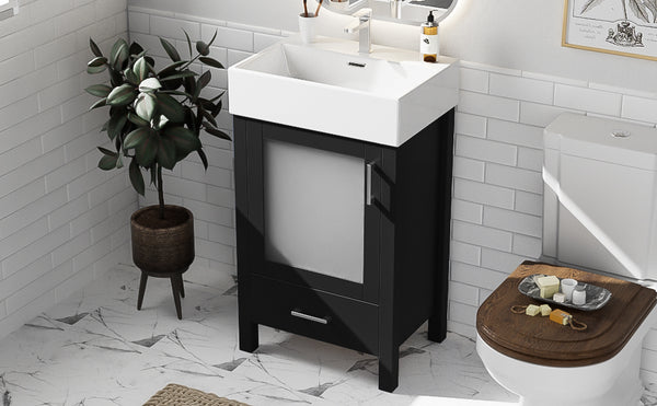 English Elm 20-Inch modern bathroom vanity with ceramic sink, soft-close door and ample storage for small spaces Black WF324691AAB