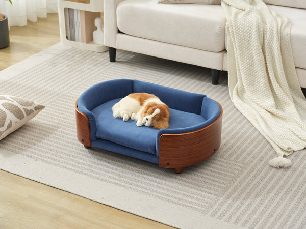 English Elm Scandinavian Elevated Pet Sofa Bed with Walnut Bent Wood Back, Velvet Stain-Resistant Fabric, Cozy Rest Dark Blue W794125923