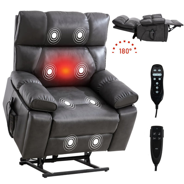 English Elm Dark Grey Leatheraire Power Lift Recliner Dual Motor Massage Heat Heavy Duty W1803P340317