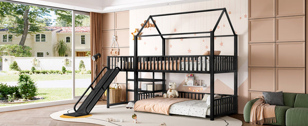 English Elm Full Metal House Bunk Bed with Slide Storage Stairs and Safety Rails for Kids W1580S00344