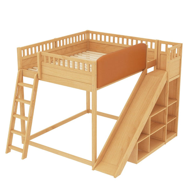 English Elm Queen Loft Bed with Upholstered Headboard Built-in Slide and Open Storage Shelves Natural W1580S00641
