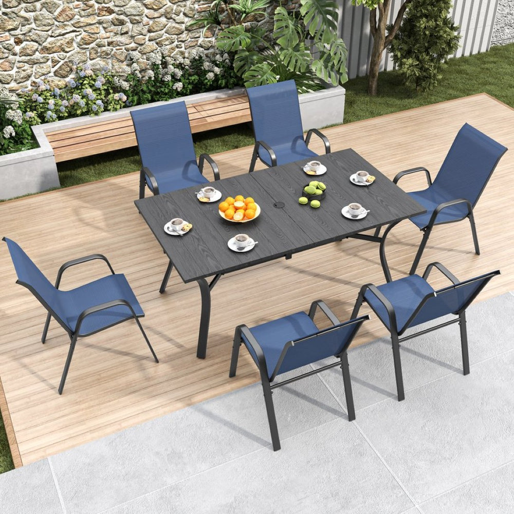 English Elm 6-piece Outdoor Dining Chair Set Powder Coated Metal Teslin Fabric Patio Seating Black,Navy Blue W3979P402387