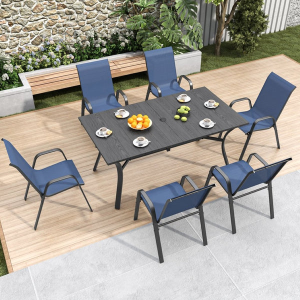 English Elm 6-piece Outdoor Dining Chair Set Powder Coated Metal Teslin Fabric Patio Seating Black,Navy Blue W3979P402387