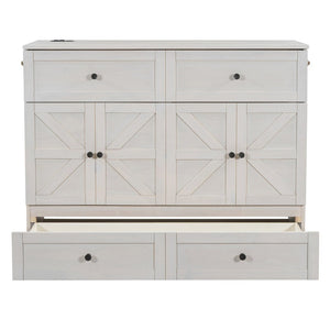 English Elm Full Size Murphy Bed Rattan Cabinet with Storage Drawers and Gold Hardware N708S00005AAK
