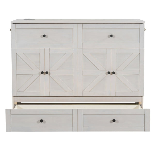 English Elm Full Size Murphy Bed Rattan Cabinet with Storage Drawers and Gold Hardware N708S00005AAK