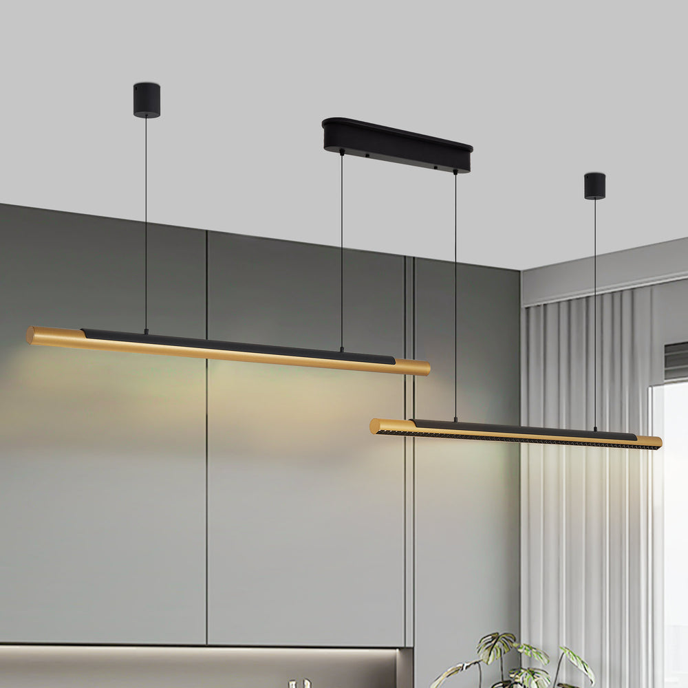 English Elm 75-inch Modern Black and Gold LED Pendant Light with Dimmable Remote, CRI90, Adjustable Dual Tubes for Dining Living Kitchen Ambiance W2312P375019