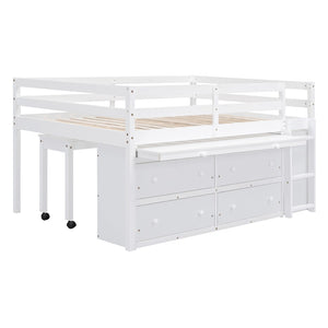 English Elm Full Size Kids Loft Bed Pinewood Frame Dual Study Desks Drawers and Open Shelving White LT000369AAK