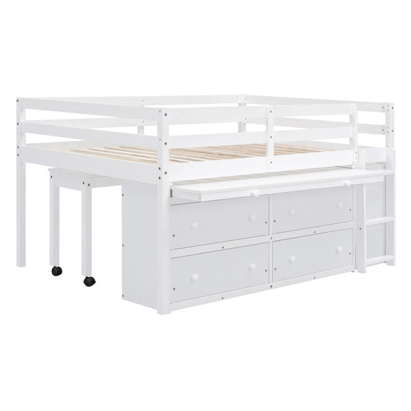 English Elm Full Size Kids Loft Bed Pinewood Frame Dual Study Desks Drawers and Open Shelving White LT000369AAK