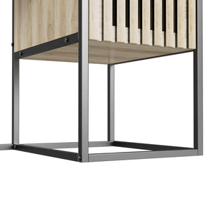 English Elm Fluted,Desk,Computer sleek natural+black slatted storage desk with 2 drawers & cabinet, MDF metal frame, versatile modern workspace solution W2673P209539