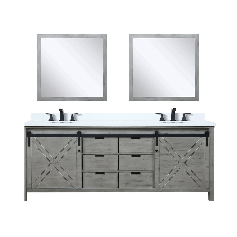 English Elm Ash Grey Double Bath Vanity 84" W x 22" D with White Quartz Top, Matte Black Faucets & 34" Mirrors B2731S01082