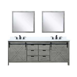 English Elm Ash Grey Double Bath Vanity 84" W x 22" D with White Quartz Top, Matte Black Faucets & 34" Mirrors B2731S01082