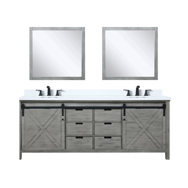 English Elm Ash Grey Double Bath Vanity 84" W x 22" D with White Quartz Top, Matte Black Faucets & 34" Mirrors B2731S01082