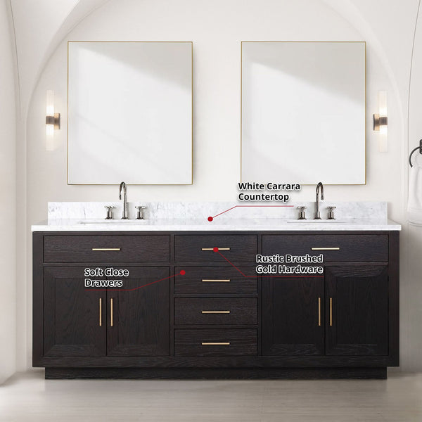English Elm Black Oak Double Bath Vanity Ensemble With Carrara Marble Top, Faucets, And Stylish Mirrors Included B2731S02178