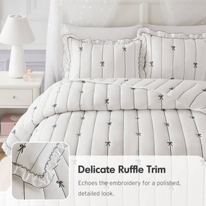 English Elm 3-piece Reversible Microfiber Quilt Set Bow Embroidery Ruffled Trim Romantic Bedroom White+Black B035P482885