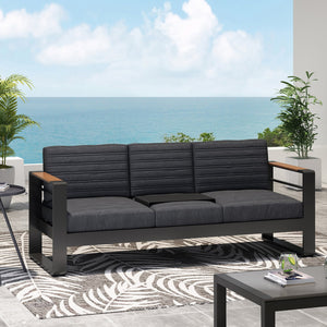 English Elm Christopher Knight Home® - GIOVANNA Aluminum 3-Seater Sofa in Black — Rust-Resistant Frame, Water-Resistant Cushions, Wood-Accent Slat Design 71820.00BLK