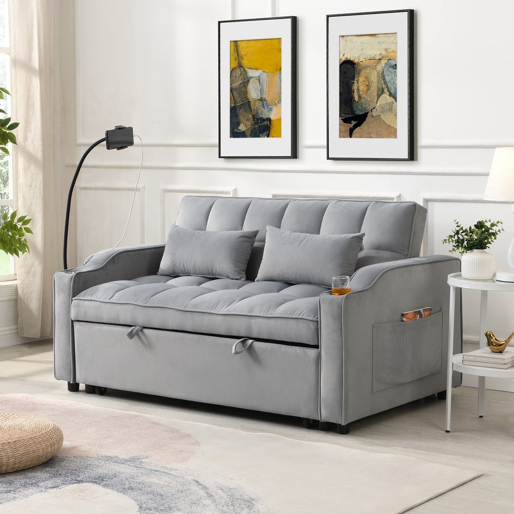 English Elm Modern Velvet Loveseat Futon Sofa with Pullout Bed, USB Ports, Adjustable Recline, Pillows, Gray W311P264374
