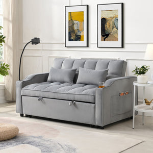 English Elm Modern Velvet Loveseat Futon Sofa with Pullout Bed, USB Ports, Adjustable Recline, Pillows, Gray W311P264374
