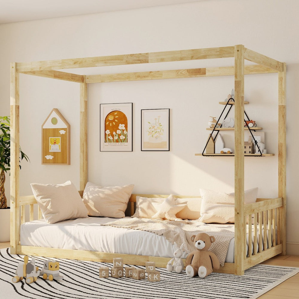 English Elm Twin Canopy Floor Bed Rubberwood Frame with Fence Guardrails for Kids Bedroom Natural W504P351804