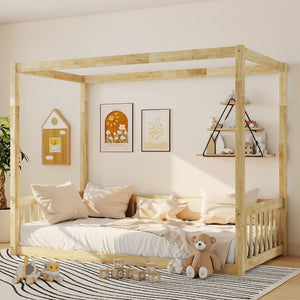 English Elm Twin Canopy Floor Bed Rubberwood Frame with Fence Guardrails for Kids Bedroom Natural W504P351804