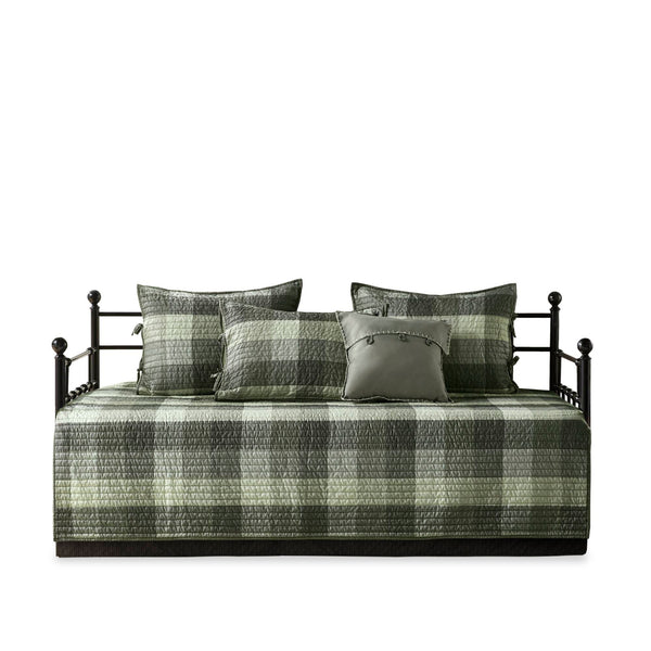 JLA Home Madison Park - 6 Piece Reversible Plaid Daybed Cover Set — Buffalo Plaid & Quilted Herringbone Texture for Cozy Cabin Style Grey MP13-8388