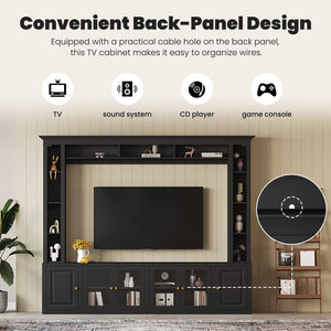 English Elm 4-Piece Modern Entertainment Center Wall Unit with Tempered Glass Doors, Adjustable Shelves, Designer Bridge and Cable Management for Spacious Living Room Storage Black N721S000052B