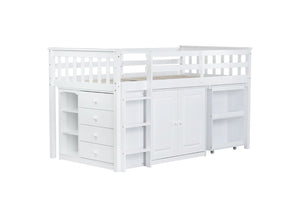 English Elm Twin Loft Bed Rubberwood Frame Pull Out Desk Storage Cabinet and Shelf Kids Room White W504S00288
