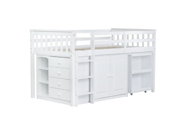 English Elm Twin Loft Bed Rubberwood Frame Pull Out Desk Storage Cabinet and Shelf Kids Room White W504S00288