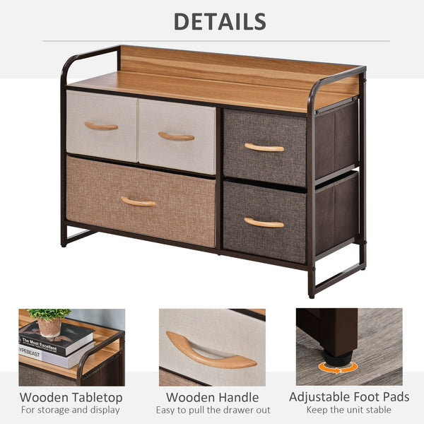 English Elm HOMCOM 5-Drawer Fabric Dresser with Wood Top — Slim Tower Organizer, Foldable Drawers, Steel Frame W2225P249993
