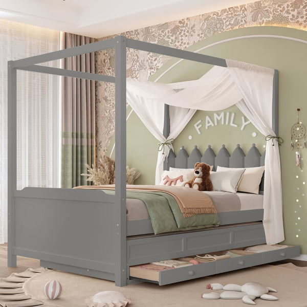 English Elm Full Bunk Bed with Trundle Bookshelf Storage Pine Frame Car Design for Kids W1580S00318
