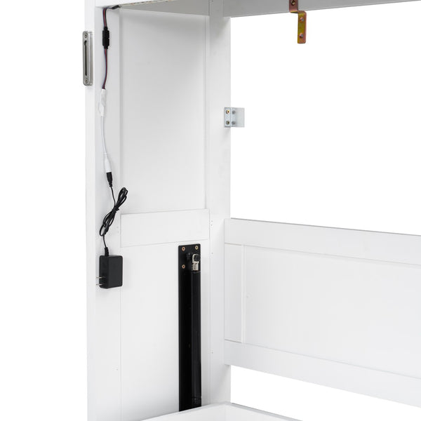 English Elm Twin Size Murphy Bed With Led Light – Stylish Space-Saving Wall Bed In White & Brown Cabinet Design N7090004013K-GIGA