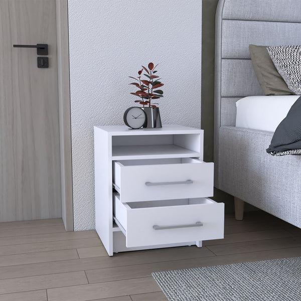 English Elm Greter Two-Drawer Nightstand with Open Shelf, Compact 24" Height, Modern Scratch-Resistant Top and Ample Storage White 28 L x 20.5 W x 5.5 H B200P240255