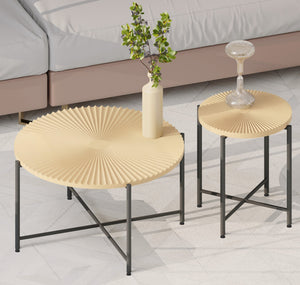 English Elm Radial Distressed 2-Piece Coffee and End Table Set with Waterproof MDF Top and Black Metal Legs Oak Natural Wood + Antique White B2735P269982