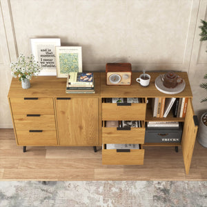 English Elm Storage Cabinet Mid Century 3-Drawer Accent with Adjustable Shelf, Stable Solid Legs, Multiroom Use Natural Wood W409P171597