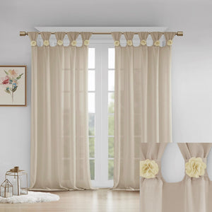 English Elm Floral Tab Top Curtain Panel - Semi-Sheer Faux Linen With Removable Floral Pins For Custom Style B03598264