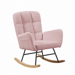 English Elm Cream Plush Teddy Fabric Rocking Armchair with High Back Support for Nursery Pink W3985P404155