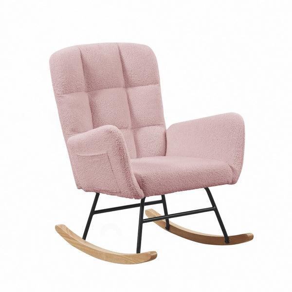 English Elm Cream Plush Teddy Fabric Rocking Armchair with High Back Support for Nursery Pink W3985P404155