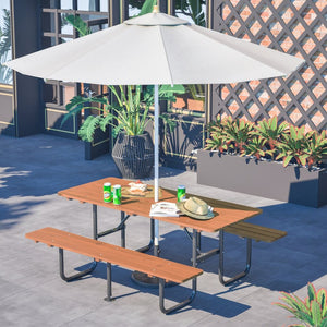 English Elm 72" Solid Wood Outdoor Picnic Table Seats 6 with Attached Benches and Umbrella Hole W1422S00061