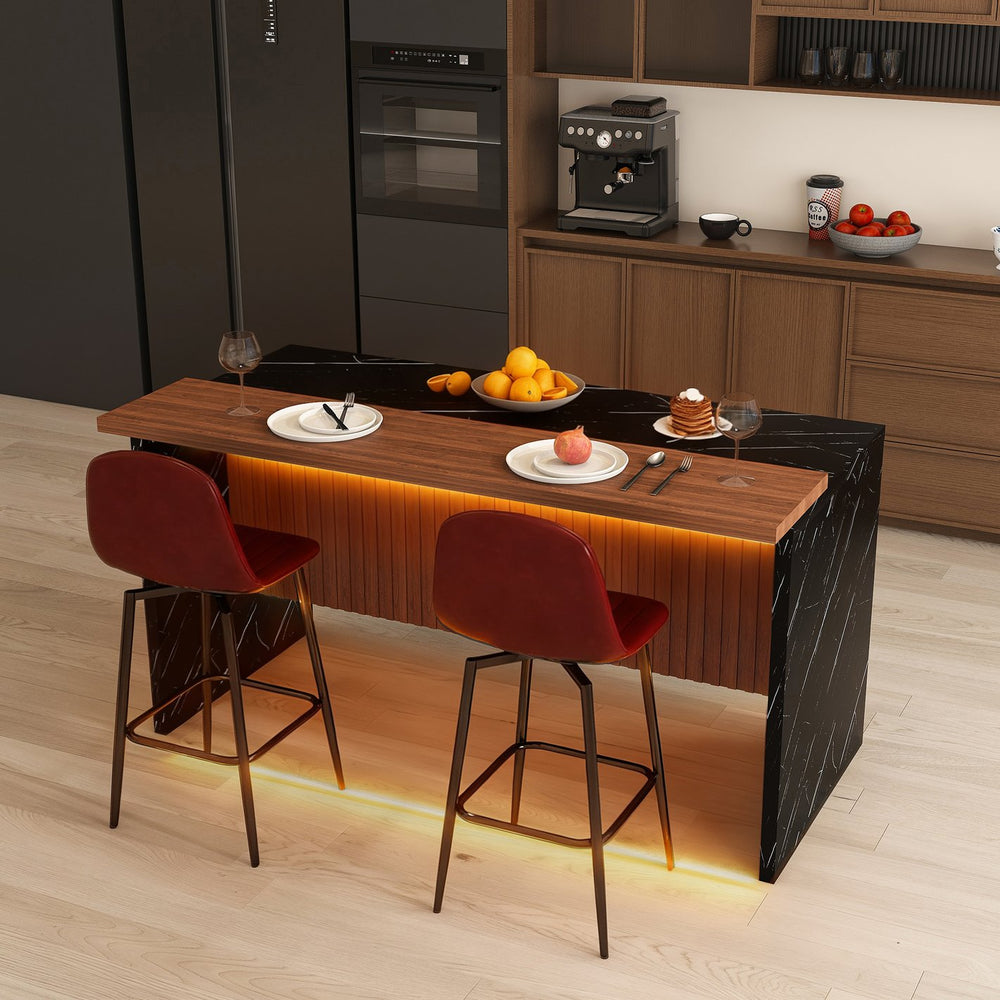 English Elm 63-Inch Modern Kitchen Island Set With 2 Bar Stools - Black Marble Surface, Led Light & Grill Design W2699S00063