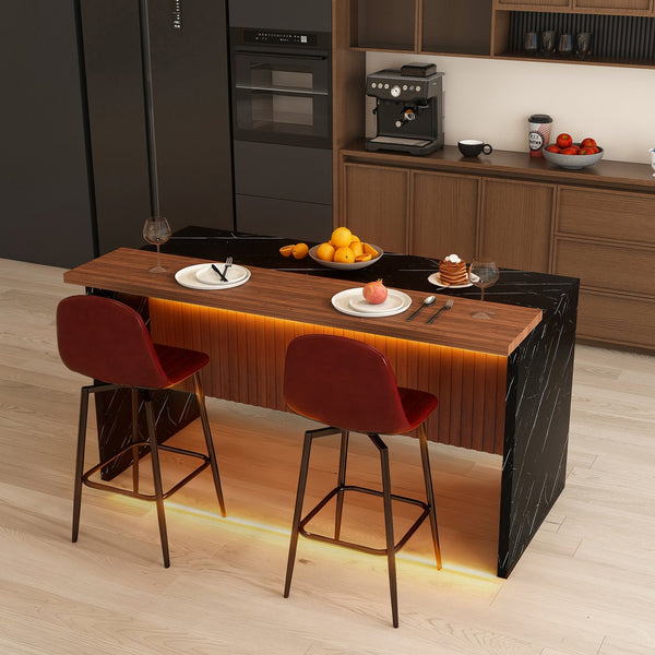 English Elm 63-Inch Modern Kitchen Island Set With 2 Bar Stools - Black Marble Surface, Led Light & Grill Design W2699S00063