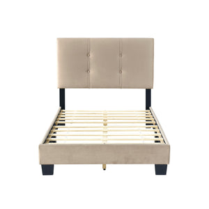 English Elm 1pc Twin Platform Bed Velvet Upholstered Button-Tufted Headboard Adjustable Height Low-Profile Solid Wood Frame 42" x 79.5" Light Brown 44.5 L x 26 W x 5 H B011P203575