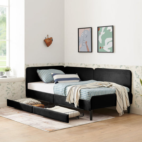 English Elm Twin Velvet Upholstered Platform Bed with 2 Underbed Drawers, Adjustable Sofa Bed, Modern Black Design W1413P298910