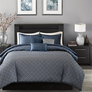 English Elm 6 Biloxi Jaquard Duvet Cover Set Navy King/Cal King — Ombre Sequin-Look, 6-Piece Decorative Pillow Ensemble B035129143